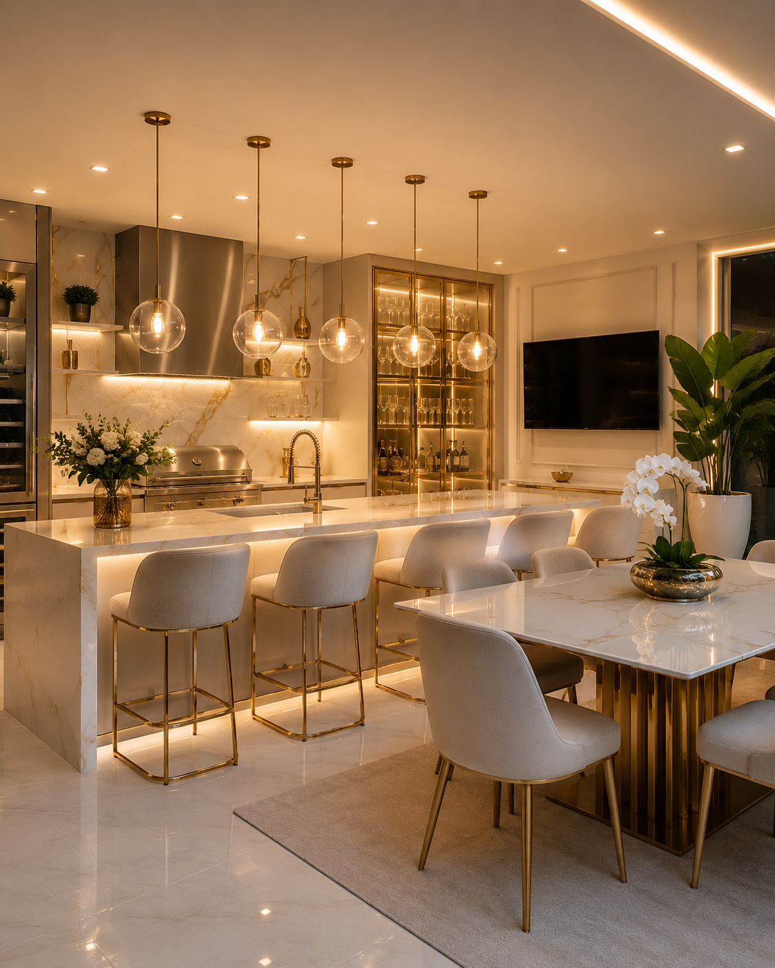 Cozinha gourmet de alto padrão com ilha em mármore, cristaleira dourada e pendentes