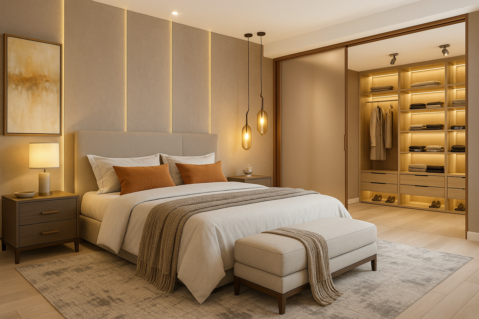 Dormitório de casal planejado com cabeceira estofada e closet iluminado