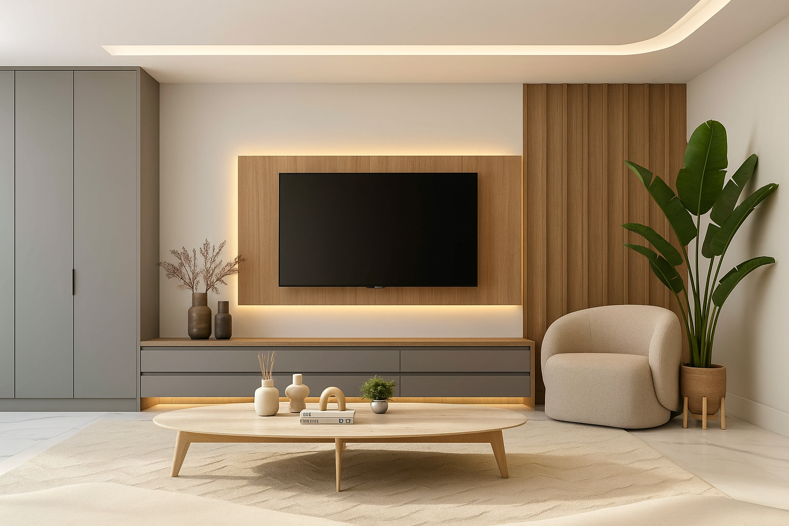 Sala de estar planejada com painel ripado de madeira, rack suspenso e iluminação em LED